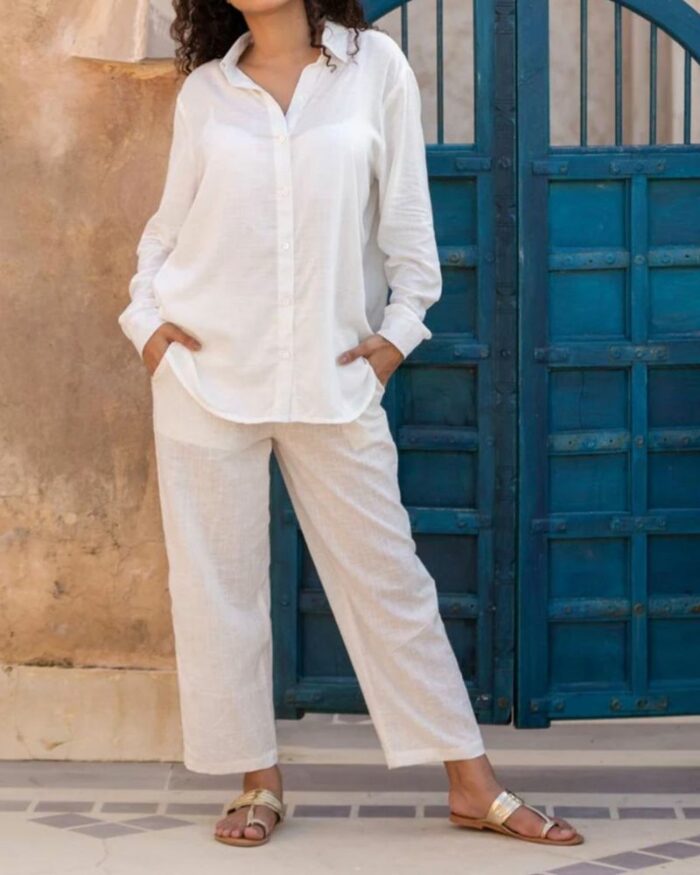 Anush Blue Linen Shirt with White Linen Pants | Sets by Mr. Ajay Kumar